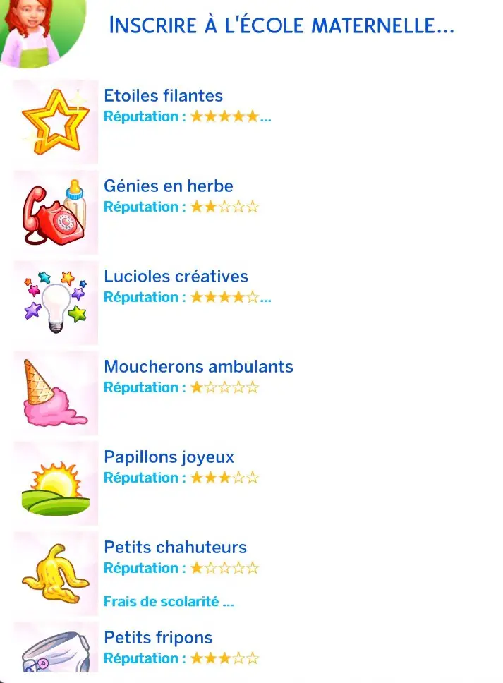 Liste écoles maternelles bambins Sims 4