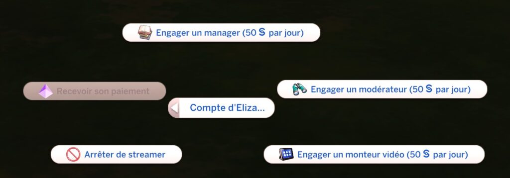Options compte Streameur mod Kawaiistacie Sims 4