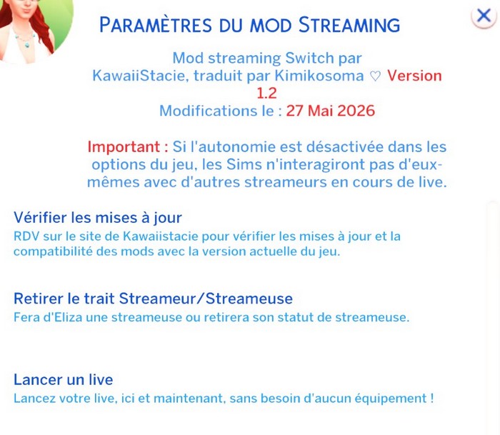 Paramètres du mod streaming