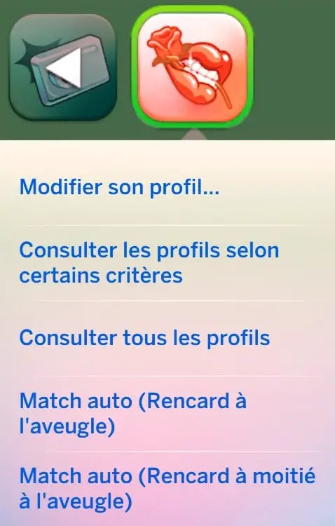 Menu appli rencontres Sims 4 MeetSim téléphone