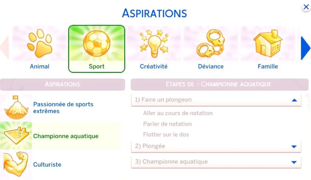 Aspiration nageur Sims 4