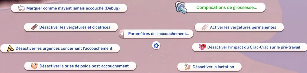 Menu options mod accouchement Pandasama Sims 4