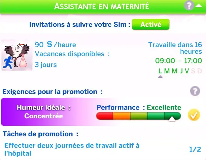 Tâche de promotion début carrière sage-femme sims 4