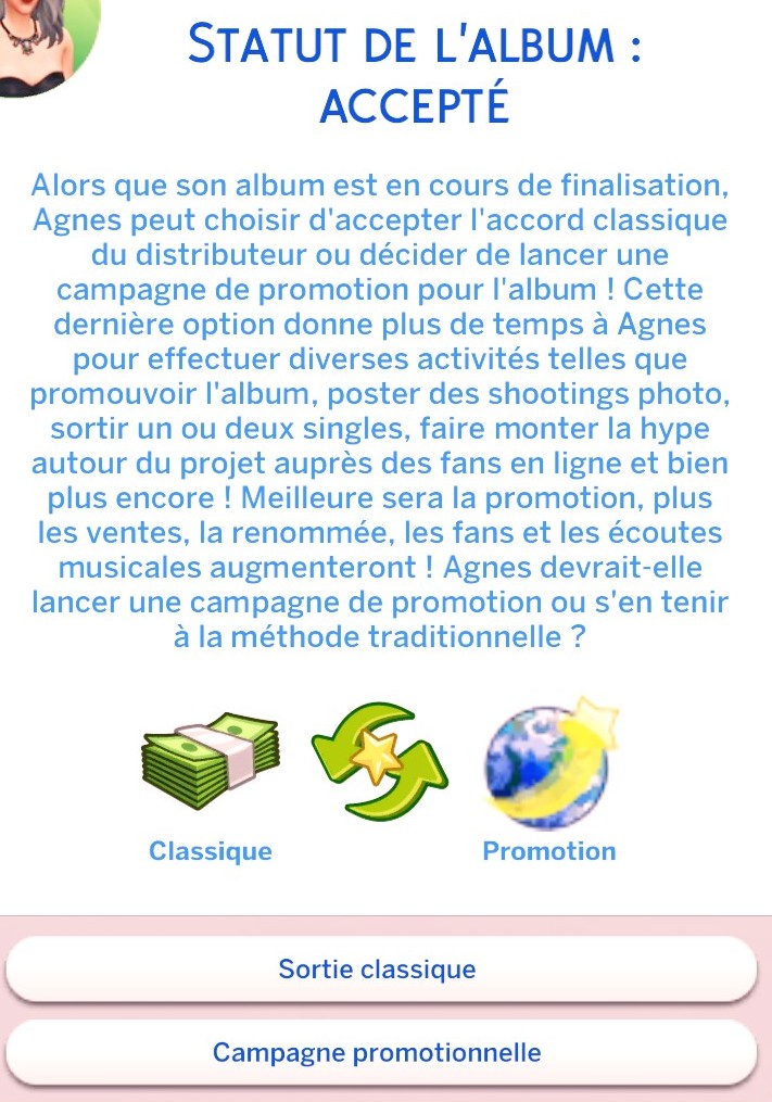Choix sortie classique promotion album mod musique Sims 4