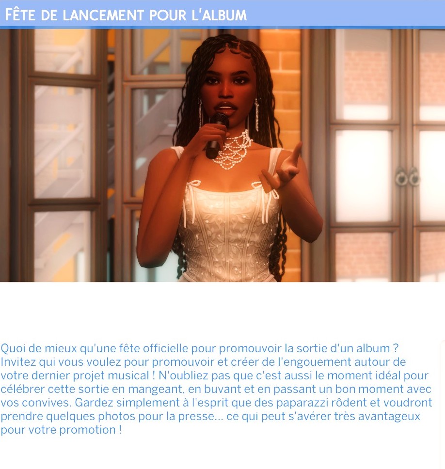 Evenement fete lancement album musique sims 4