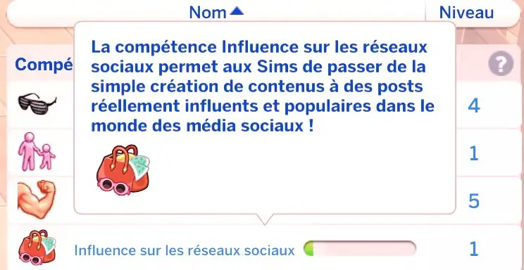 Compétence influence sur les réseaux sociaux sims 4