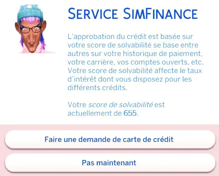 Demande de carte de crédit mod Simfinance Sims 4v2