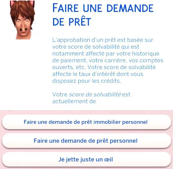 Demande de prêt bancaire popup mod sims 4 simfinance