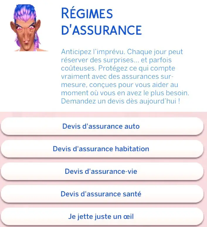 Liste régimes assurances mod sims 4
