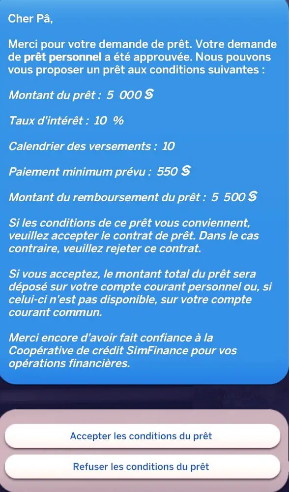 Popup proposition prêt banque mod sims 4 simfinance