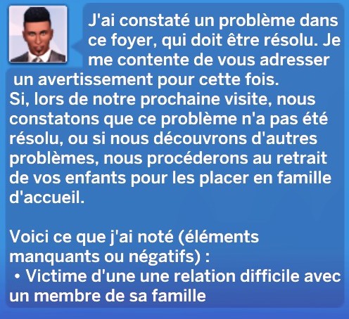 Avertissement problème constaté visite services sociaux Sims 4