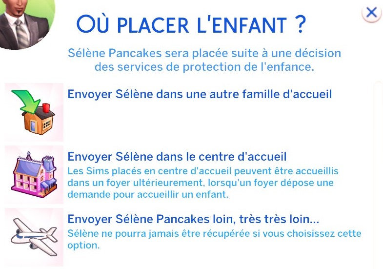Choix placement enfant retiré mod famille d'accueil services sociaux sims 4