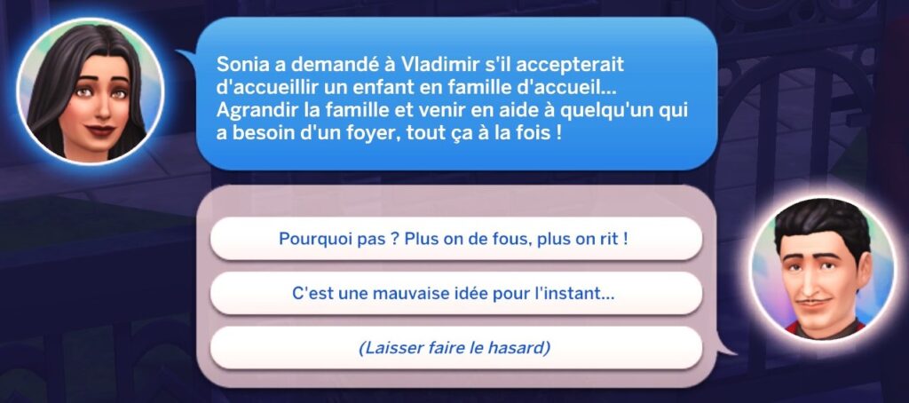 Popup partenaire question famille accueil mod sims 4