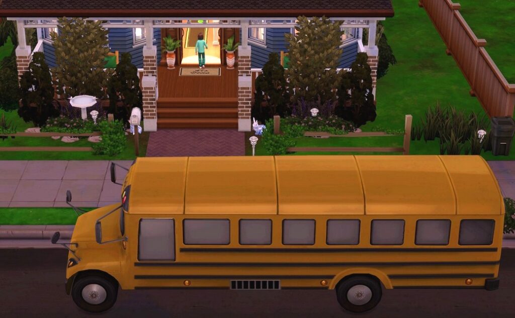Attente bus scolaire Sims maison