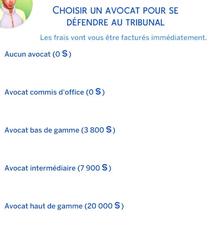 Choix avocat mod sims 4 justice