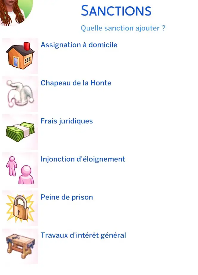 Liste sanctions à ajouter Sims 4 mod justice