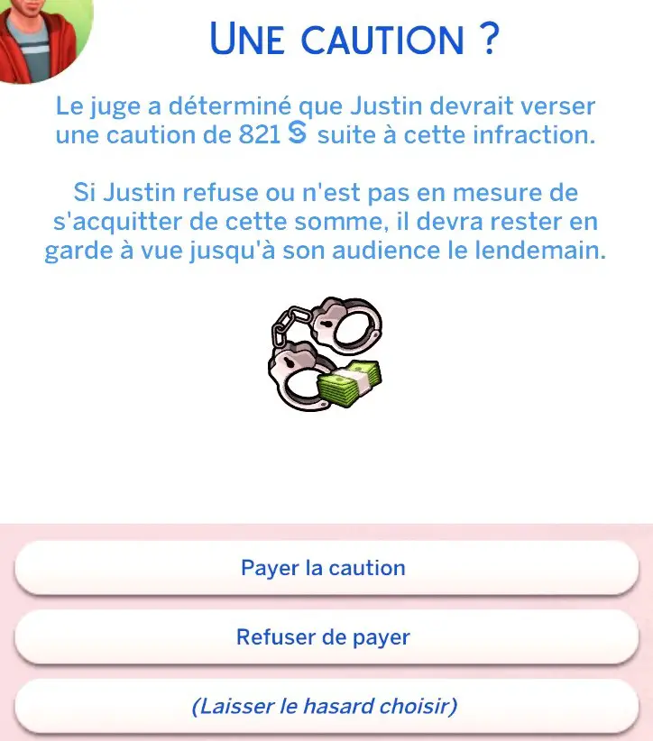 Popup choix paiement caution sims mod justice lumpinou